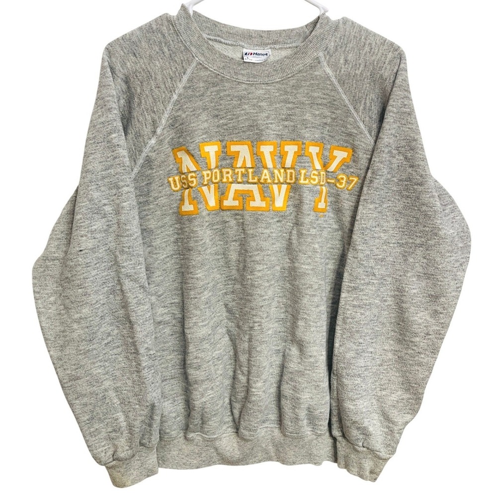 Vintage 80s Hanes USS Portland LSD-37 Navy Sweatshirt Raglan Crewneck Gray L